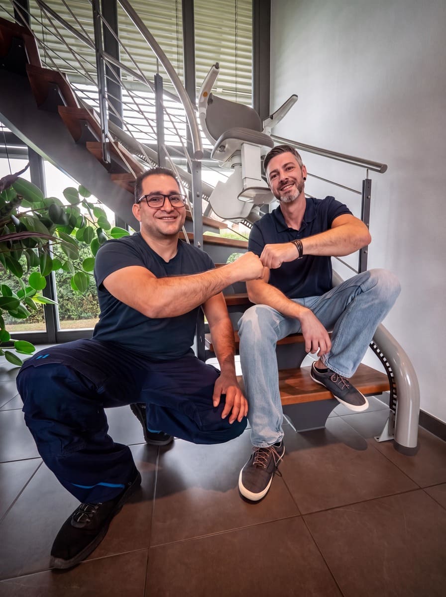 Marco Bertsch und Önder Karadogan vom Sanitätshaus Schmieg an einer Treppe mit Treppenlift